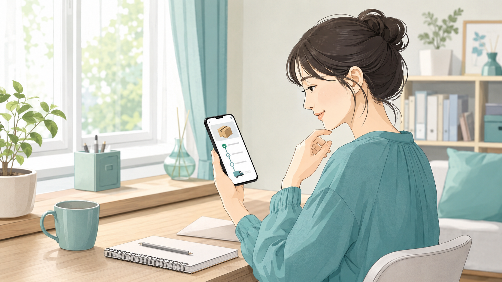 スマートフォン画面に発送通知メールが届き、配送状況を追跡している女性のイメージ。ピルの配送追跡の流れを表す。